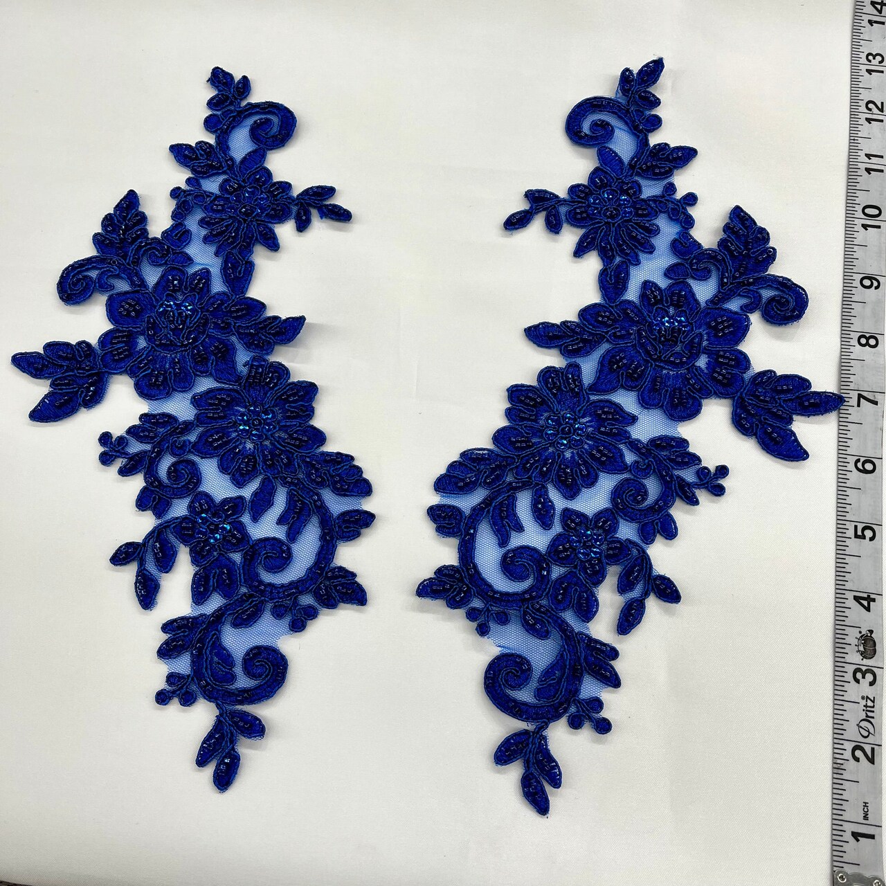 1 Pair Beaded & Corded Floral Lace Applique 100% Polyester Net Mesh 12.5" x 5" Each Side